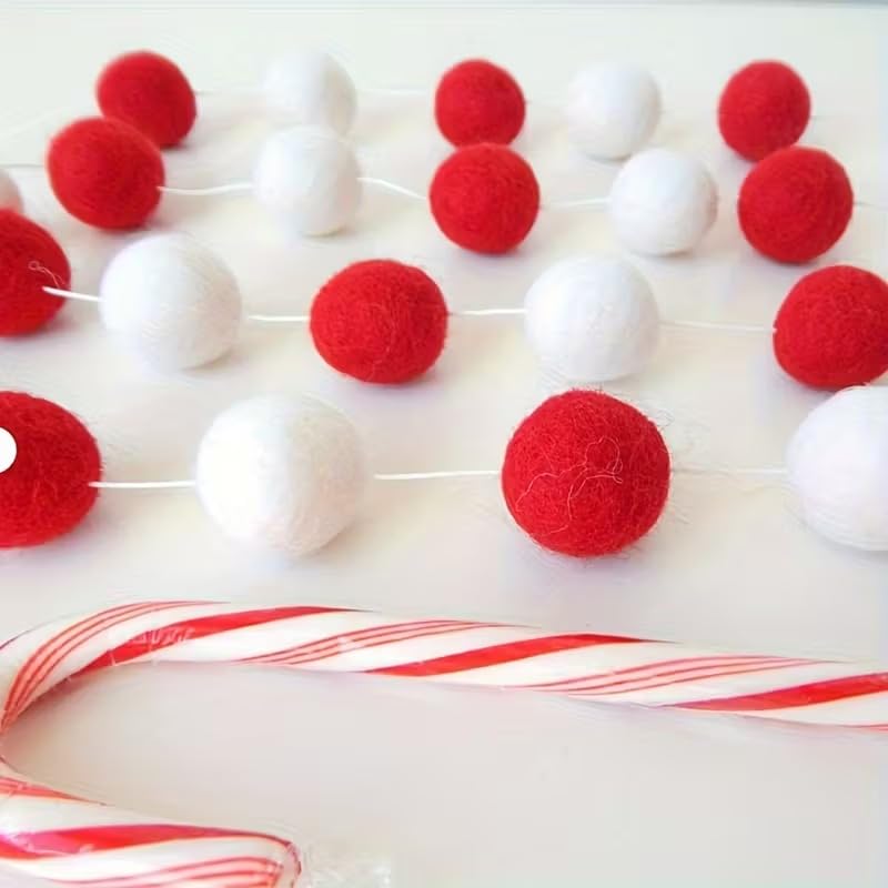 2 pcs Red & White Felt Pom Pom Garland – 3.28 Ft Each (6.56 Ft Total) | Handmade Christmas Tree & Mantel Decoration, Holiday Wall Hanging, Festive Party Supplies & Home Seasonal Décor