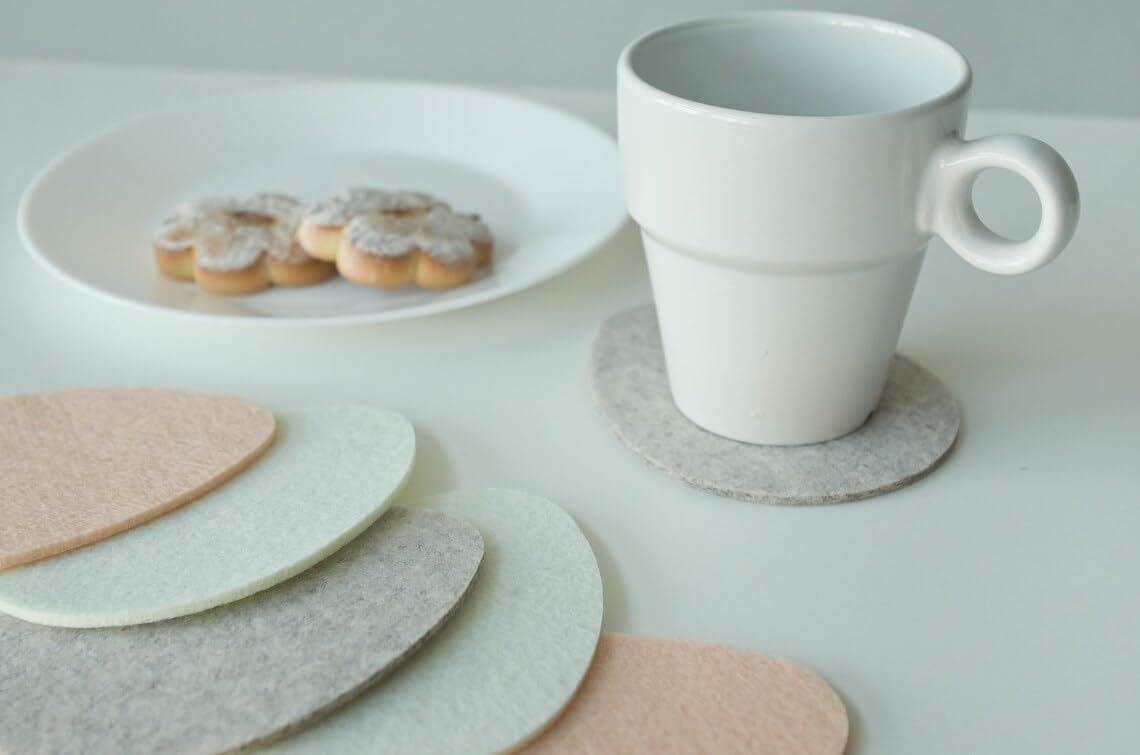 Set of 6 Oval Felt Coasters – Egg Shape Oatmeal Coasters | 3.5 x 5.5 Inch, Drink Coasters for Table, Coffee Mugs, Cups & Furniture Surface Protection