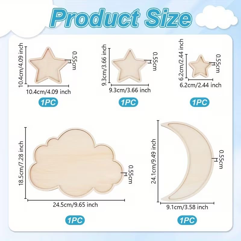 5 Set Unfinished Pine MDF Moon & Stars Wooden Cutouts Set for DIY Arts & Crafts