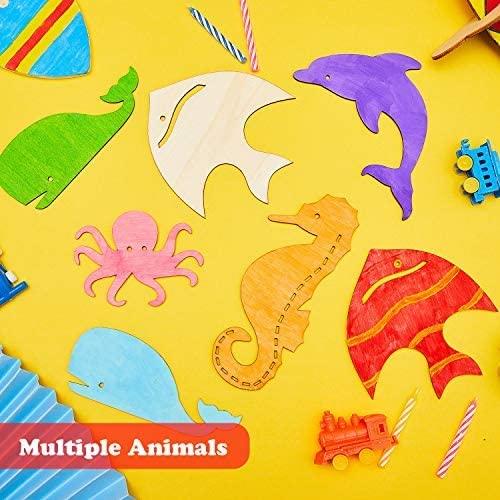 Haoser Unfinished Wood Cutouts Ocean Animals Wooden Paint Crafts for Kids Home Decor Ornament DIY Craft Art Project, Octopus, Shark, Whale, Dolphin, Seahorse, Fish Shape (Pack of 14) - Haoser