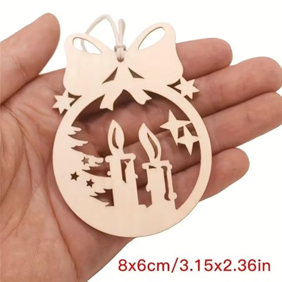 10 Pcs Unfinished Christmas Candle Ornaments for DIY Craft Painting, Hollow Bow Knot Hanging Decorations for Christmas Tree, Wooden Cutouts for Decorations - 8x6 cm