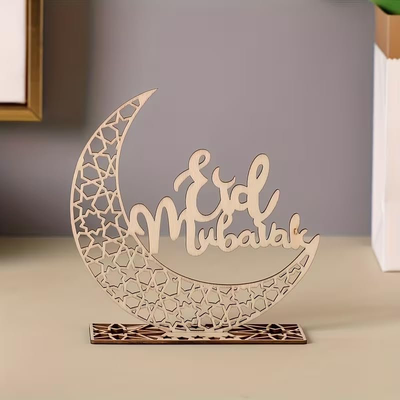 Wooden Crescent Moon Sculpture | Ramadan & Eid al-Fitr Tabletop Decor