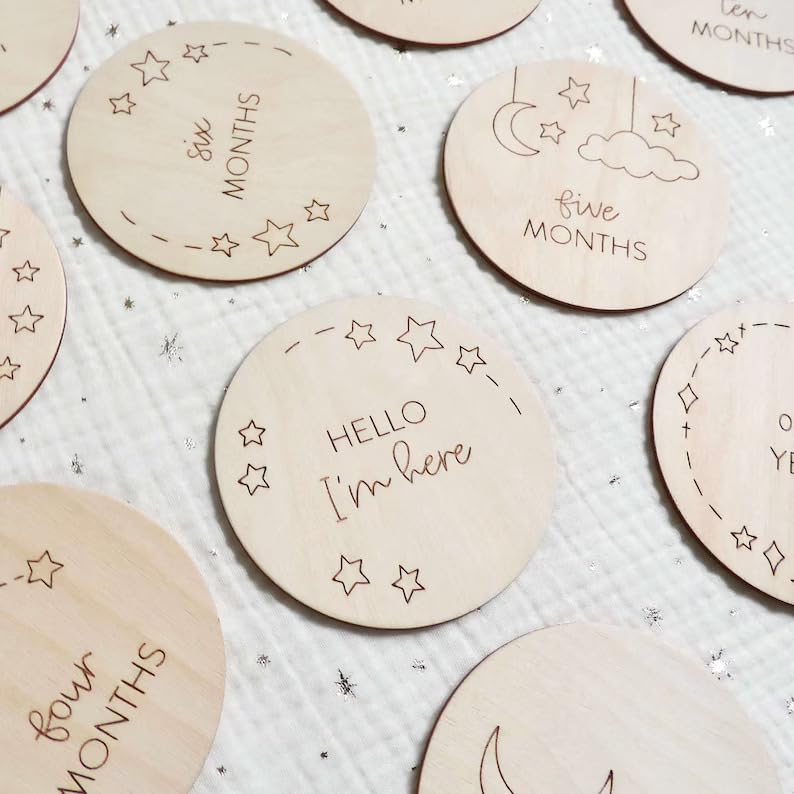 Haoser Baby Milestone Discs | Wooden Milestone Discs, Moon milestones, New Baby Announcement, Baby Shower Gift, Baby Monthly milestones