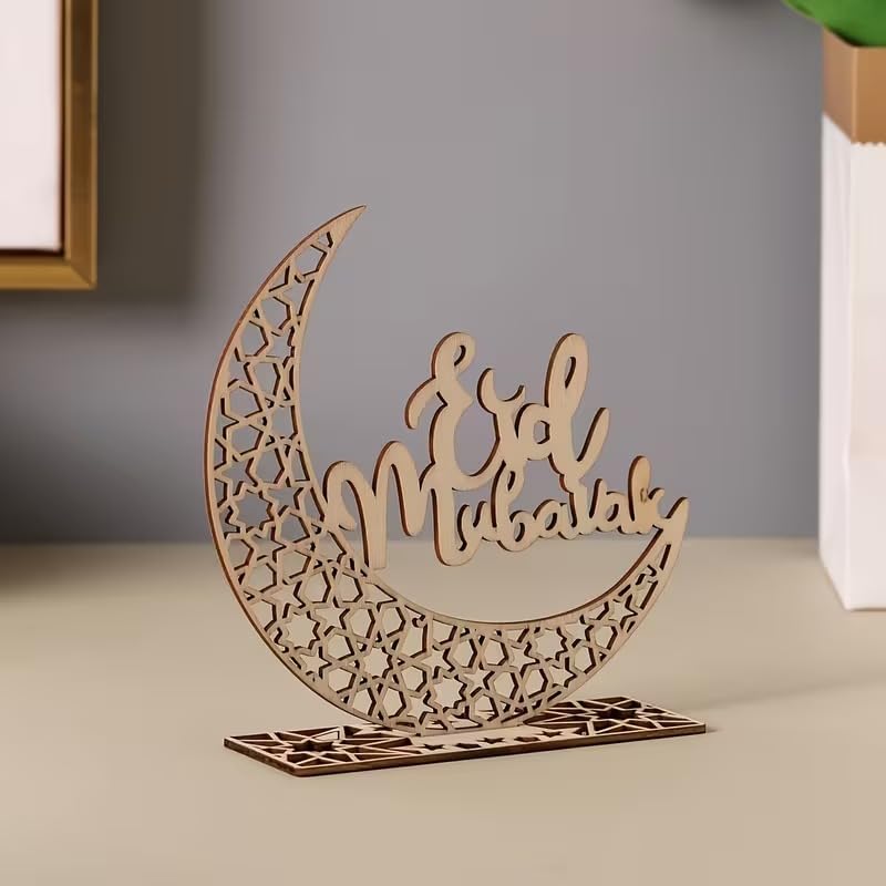 Wooden Crescent Moon Sculpture | Ramadan & Eid al-Fitr Tabletop Decor