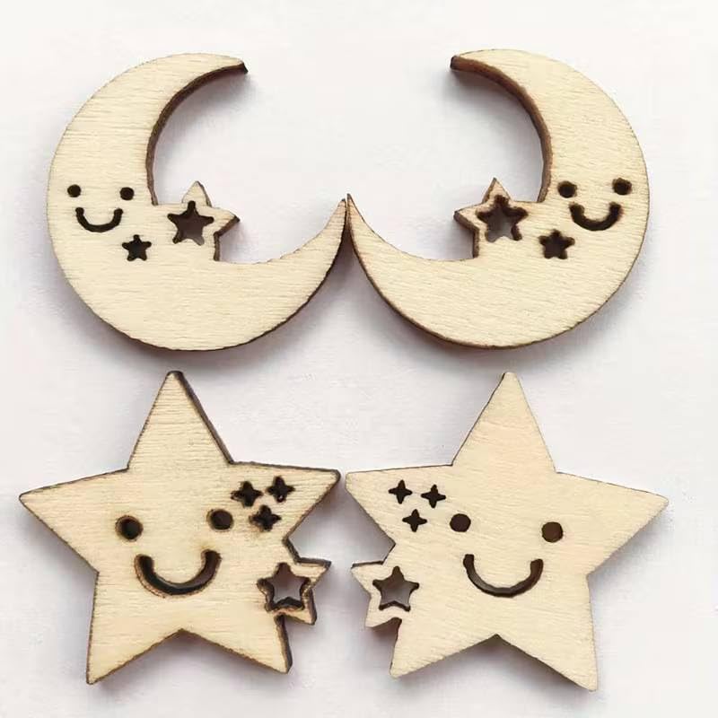 Pack of 30 Wooden Stars & Moon Craft Pieces | Pine MDF Artificial Celestial Cutouts for Wedding, Party & Home Decoration | Eid Decoration Ornaments | 1.5 Inch (15 Pieces Each)