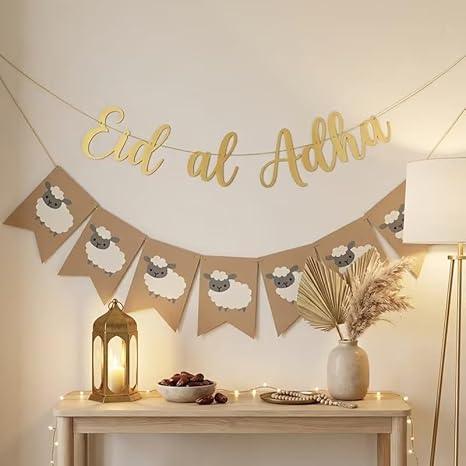Eid Al Adha Banner Set, Golden Letter "Eid Al Adha" Banner with Cute Sheep Bunting, Rustic Kraft Paper Eid Al-Adha Party Decorations, Islamic Festival Eid Mubarak Home Wall Hanging Decor Supplies