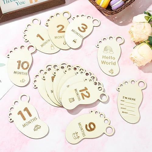 14 Pcs Wooden Baby Monthly Milestone Markers – Footprint Shaped Newborn Photo Prop