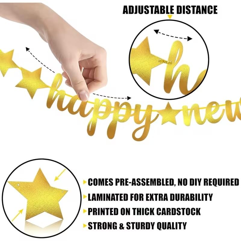 Golden Paper Happy New Year Banner – 6 Feet Paper Party Decoration Golden Letters & Stars, Durable Hanging Décor for 2026 New Year’s Events
