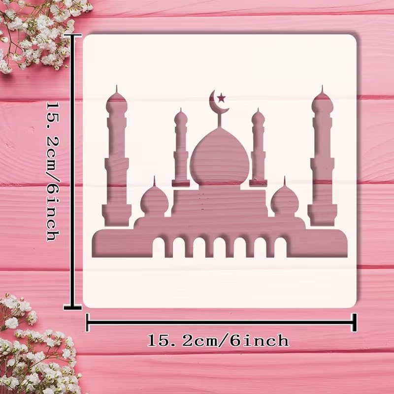 Islamic Ramadan Art Stencil 6 Inch | Reusable PET Plastic Stencil with Islamic Architecture & Posture Silhouette