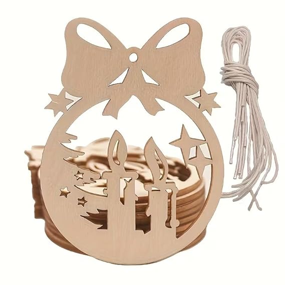 10 Pcs Unfinished Christmas Candle Ornaments for DIY Craft Painting, Hollow Bow Knot Hanging Decorations for Christmas Tree, Wooden Cutouts for Decorations - 8x6 cm