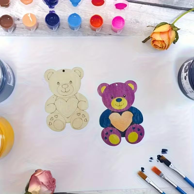 12 Pcs Light Yellow Wooden Heart-Shaped Bear Cutouts