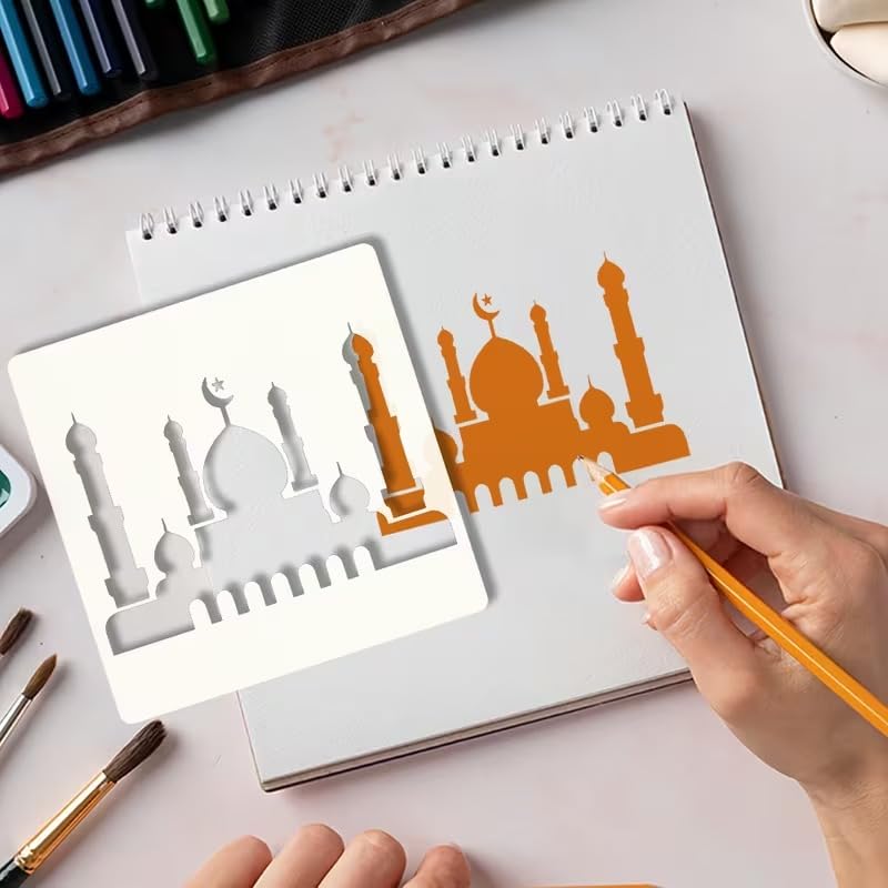 Islamic Ramadan Art Stencil 6 Inch | Reusable PET Plastic Stencil with Islamic Architecture & Posture Silhouette