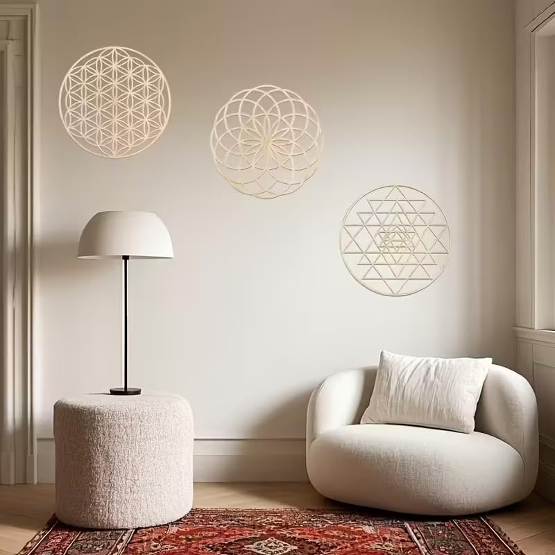 3 Pcs Boho Geometric Wooden Wall Decor | Life Flower, Metatron Cube & Sri Yantra