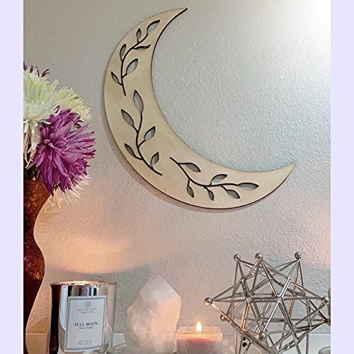 Haoser Pine MDF Wood floral Moon Wall Decor, Crystal Display helves for Home, Bedroom, Nursery, Dorm, Cabin, Laser cut Moon - Haoser
