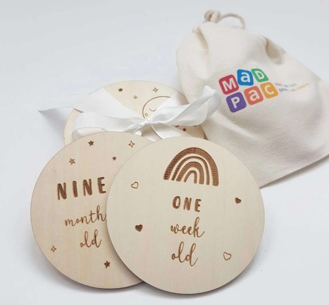 Wooden Baby Monthly Milestone Discs – 14 Reversible Wooden