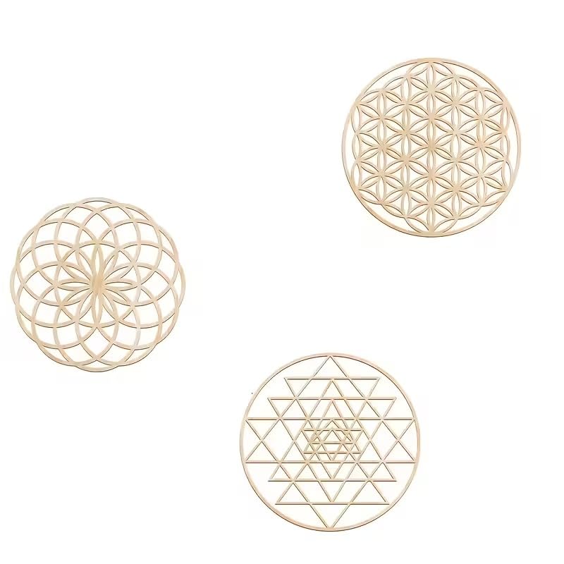 3 Pcs Boho Geometric Wooden Wall Decor | Life Flower, Metatron Cube & Sri Yantra