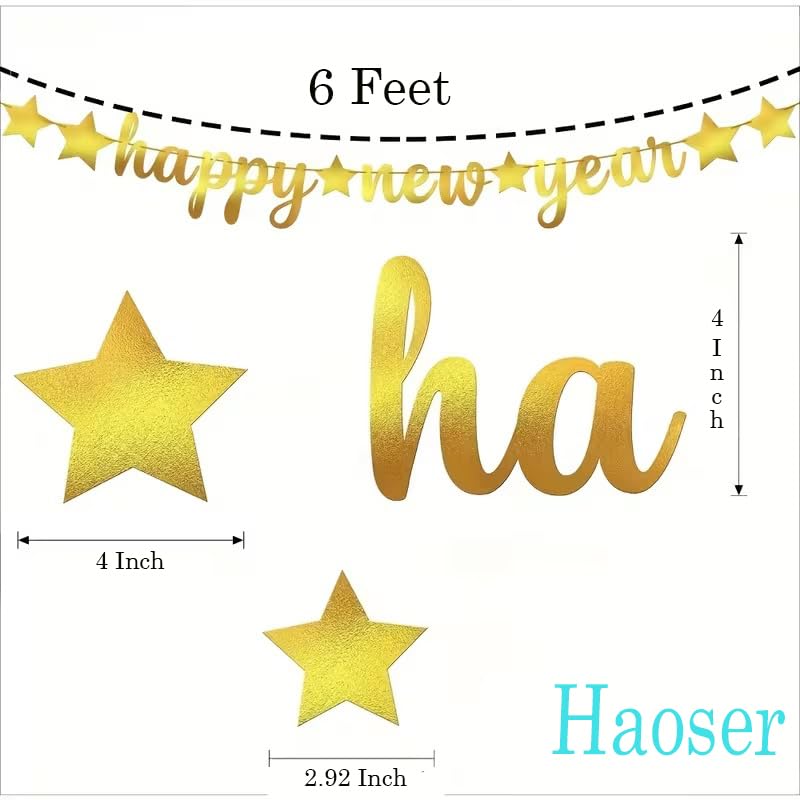 Golden Paper Happy New Year Banner – 6 Feet Paper Party Decoration Golden Letters & Stars, Durable Hanging Décor for 2026 New Year’s Events
