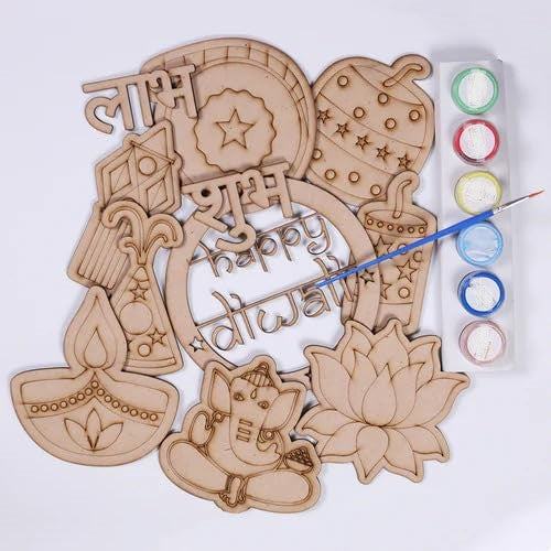 6 Pcs DIY Diwali Crackers Kit Wooden Cutouts Paintable Diwali Decoration