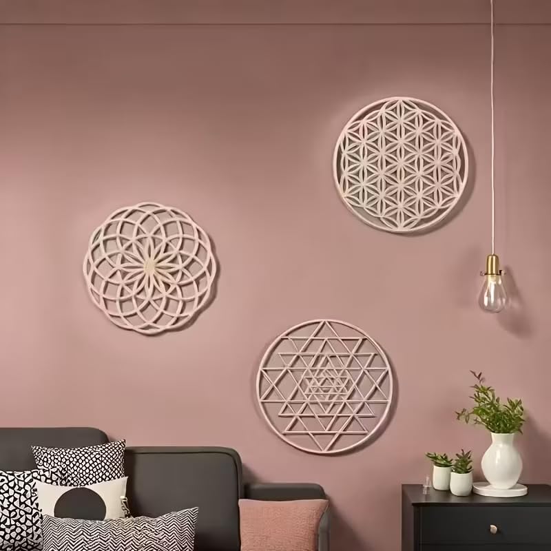 3 Pcs Boho Geometric Wooden Wall Decor | Life Flower, Metatron Cube & Sri Yantra