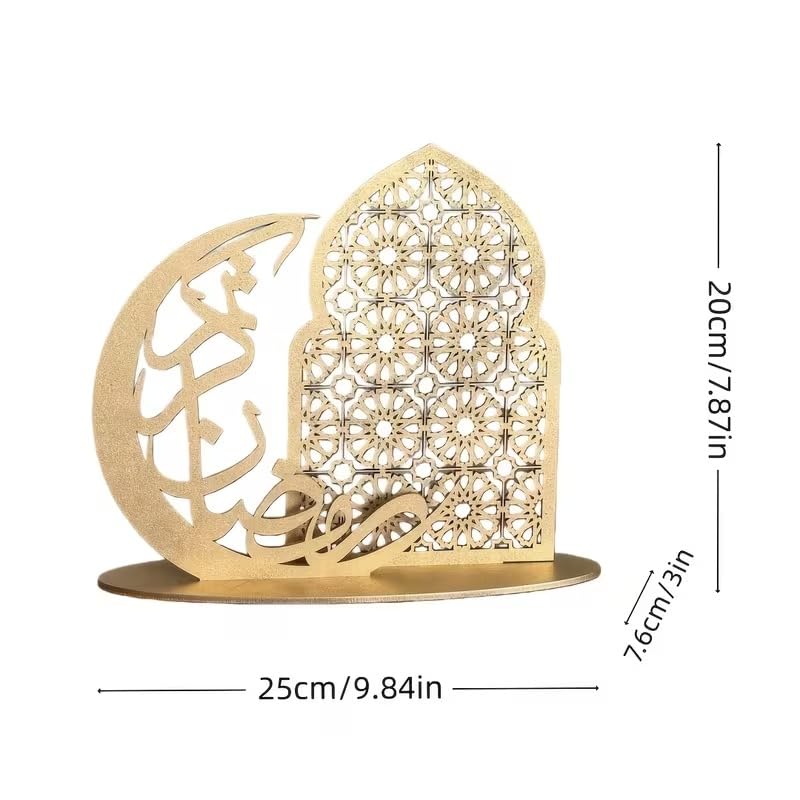 Ramadan Mubarak Wooden Tabletop Decor | Islamic Eid Al Fitr Decorative Sign | Crescent Moon Mosque Design