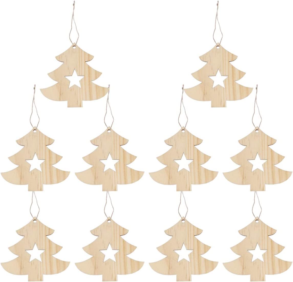 Haoser 10 PCS Hanging Wooden Christmas Tree Ornaments – Unfinished Tree & Star Cutouts for DIY Crafts and Holiday Decor