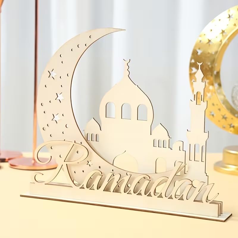 Ramadan Wooden Decorative Sign – Moon Castle 3D MDF Tabletop Ornament
