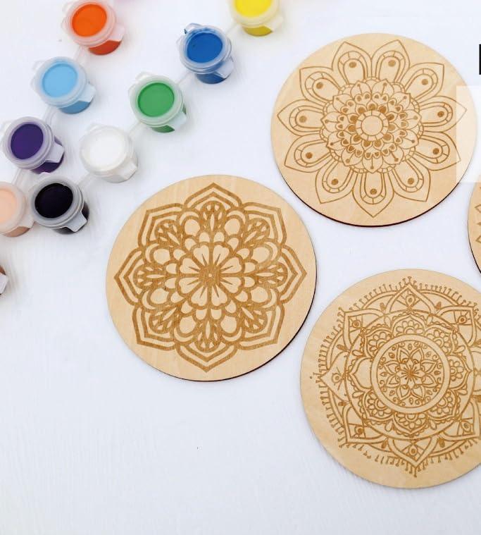 Curious Button Unfinished Wooden Mandala Coaster for DIY, 10cm Pack of 4 Round Wooden Pine MDF Cutouts Unfinished Engraved Coaster Cutouts, Painting Wood Craft, MDF Plains, DIY Art Work (Pattern-A) - Haoser