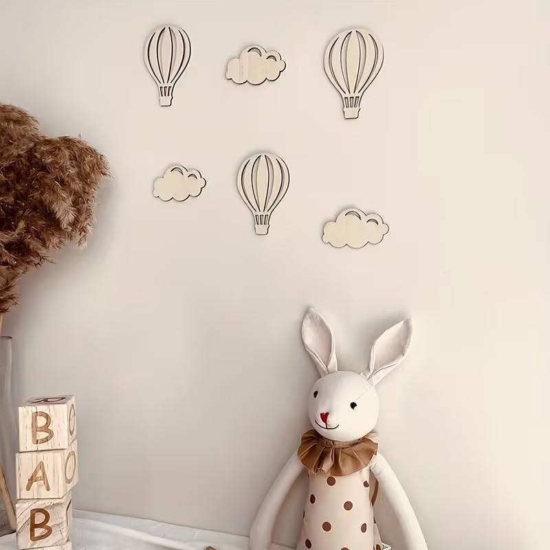6 Pcs Hot Air Balloon Wooden Wall Decor Set | Pine MDF Nursery Wall Stickers | Balloon & Cloud Wooden Wall Art for Kids Room