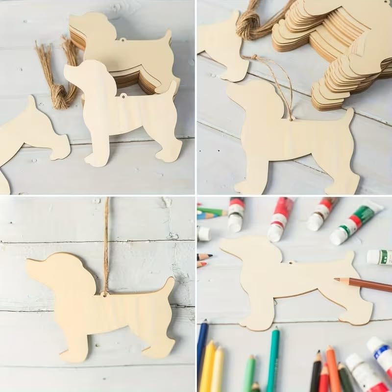 10 Pack Unfinished Wooden Dog Ornaments – DIY Paint & Craft