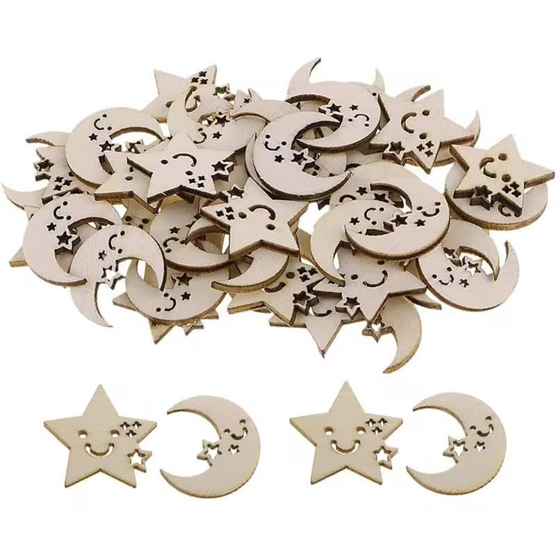 Pack of 30 Wooden Stars & Moon Craft Pieces | Pine MDF Artificial Celestial Cutouts for Wedding, Party & Home Decoration | Eid Decoration Ornaments | 1.5 Inch (15 Pieces Each)