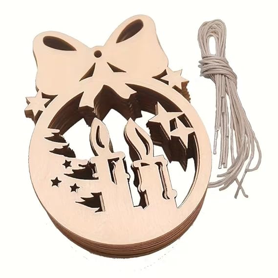 10 Pcs Unfinished Christmas Candle Ornaments for DIY Craft Painting, Hollow Bow Knot Hanging Decorations for Christmas Tree, Wooden Cutouts for Decorations - 8x6 cm
