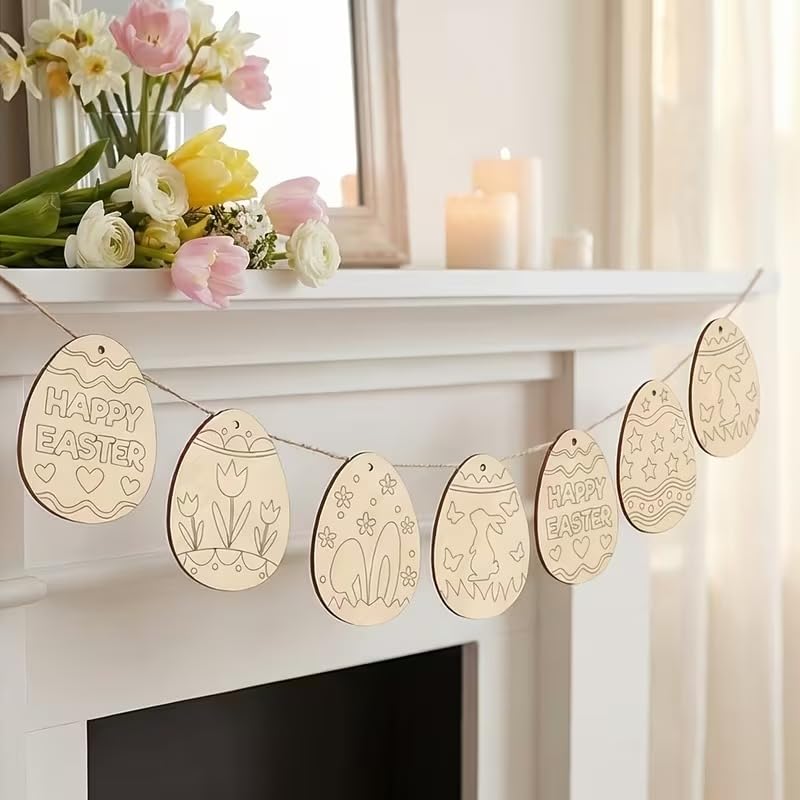 10 Pcs Easter Wooden Egg Ornaments Set | Blank Egg Shaped Wooden Cutouts with Rope for DIY Painting