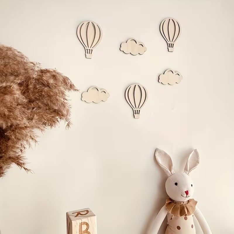 6 Pcs Hot Air Balloon Wooden Wall Decor Set | Pine MDF Nursery Wall Stickers | Balloon & Cloud Wooden Wall Art for Kids Room