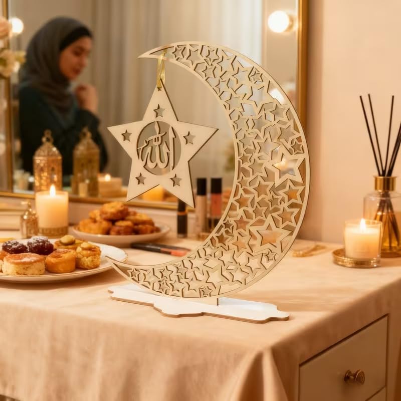 Wooden Ramadan Eid Mubarak Ornament | Islamic Allah Moon & Star Decor | Muslim Home Prayer Decoration | Ramadan Kareem
