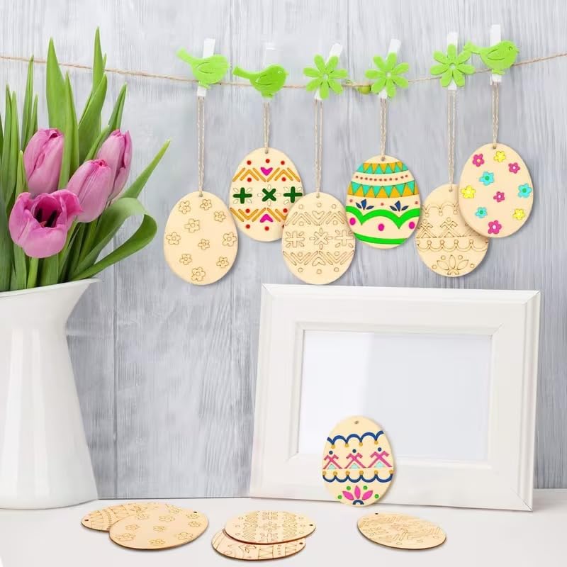12 Pcs Wooden Easter Egg Ornaments with Hanging Loop | DIY Egg Cutouts for Easter Decoration