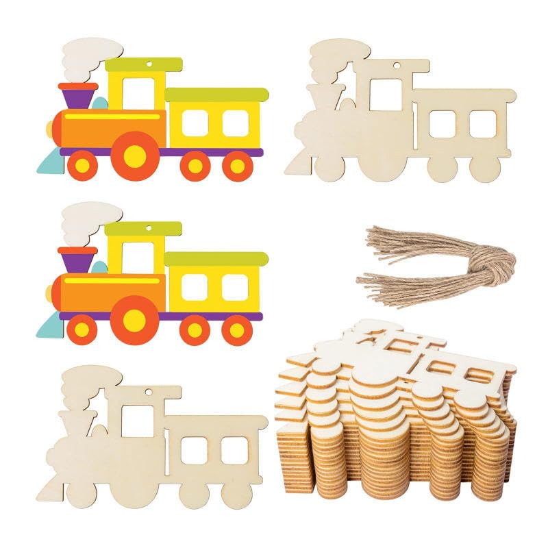 12 pcs Unfinished Wooden Train Cutouts with Jute Rope