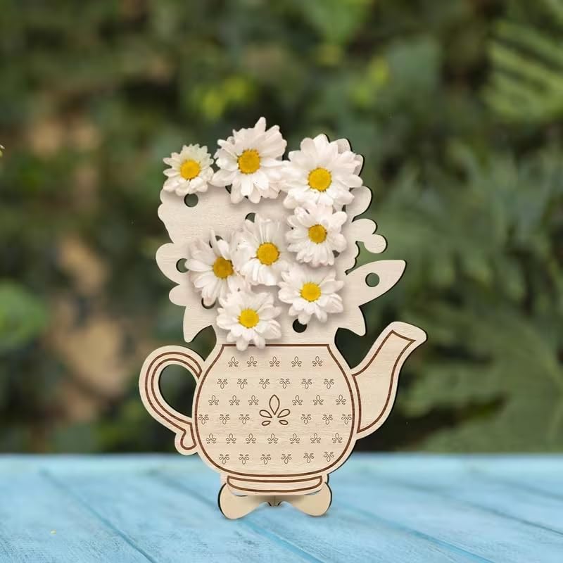 2D Flat Wooden Flower Stand with Teapot Design | DIY Craft Board & Floral Display Base | Decorative Wooden Plaque