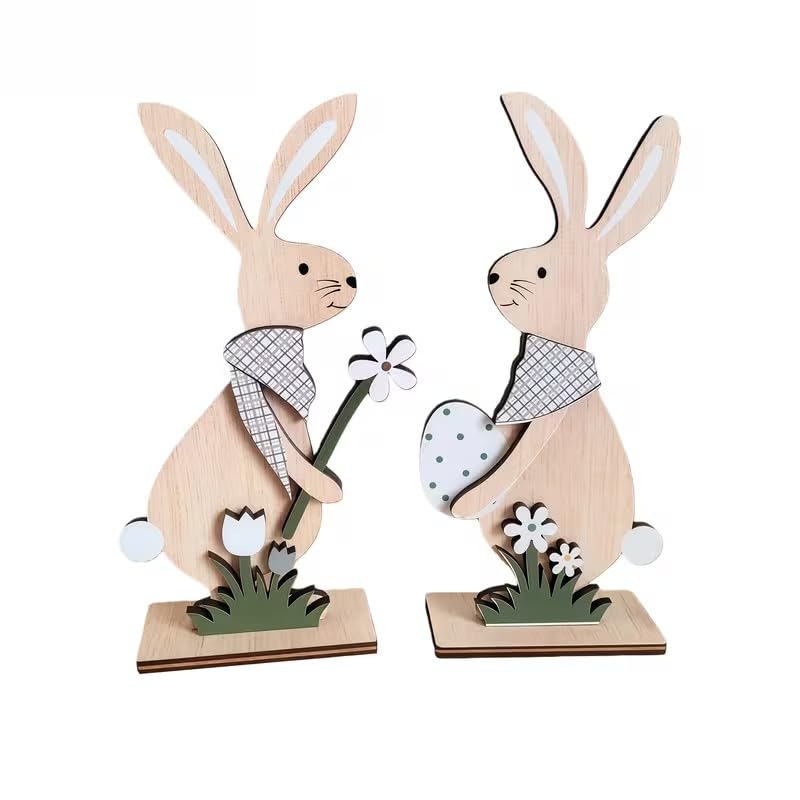 2 Pcs Easter Wooden Rabbit Plaque Decoration – Bunny & Egg Spring Table Decor