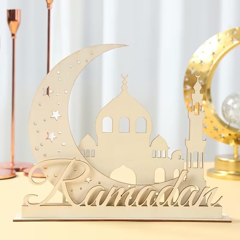 Ramadan Wooden Decorative Sign – Moon Castle 3D MDF Tabletop Ornament