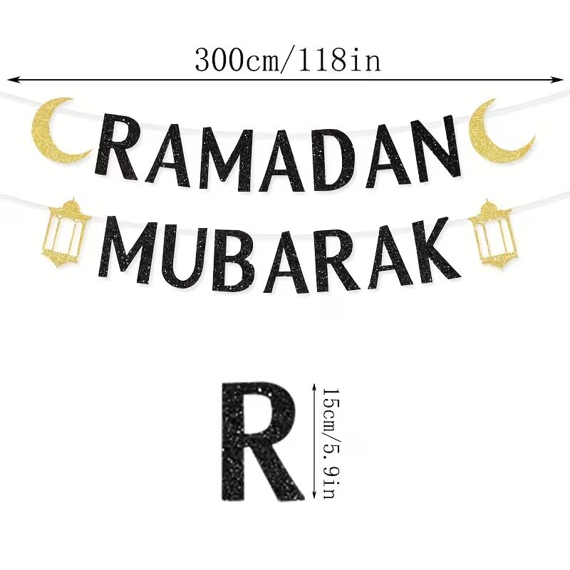 Ramadan Mubarak Paper Banner with Glitter Moon & Lantern | Islamic Eid al-Fitr & Ramadan Party Decorations | English Text Hanging Banner for Muslim Home, Mosque & Iftar | Letter Height 5.91 Inch