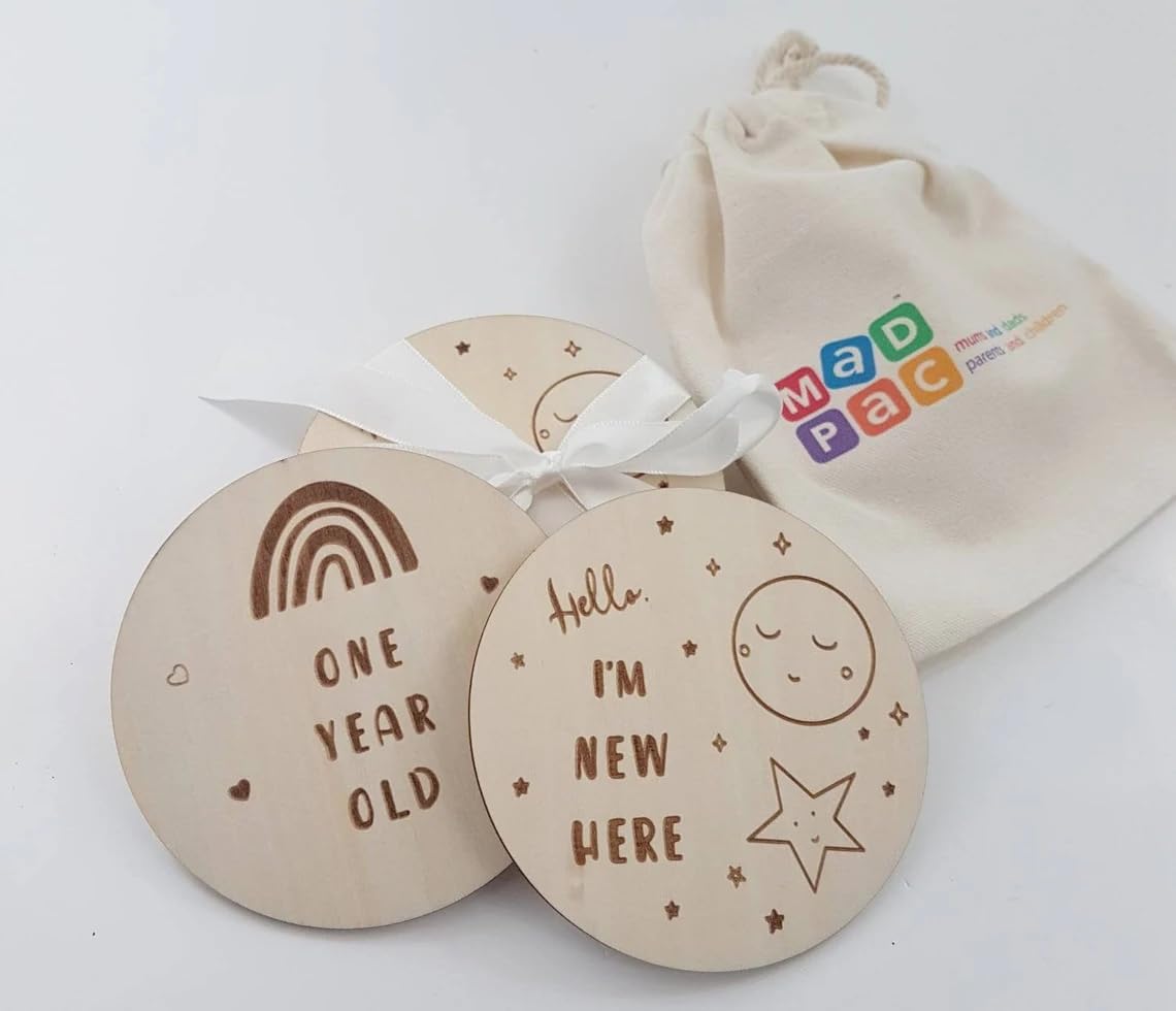 Wooden Baby Monthly Milestone Discs – 14 Reversible Wooden