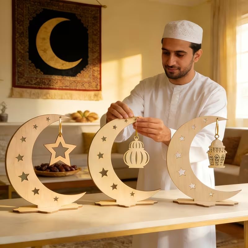Wooden Moon & Star Tabletop Decor | Ramadan Eid Al-Fitr Islamic Ornaments with Lantern Hanging
