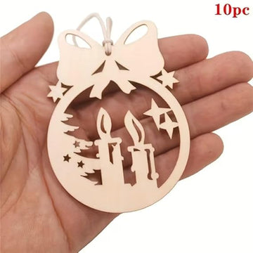 10 Pcs Unfinished Christmas Candle Ornaments for DIY Craft Painting, Hollow Bow Knot Hanging Decorations for Christmas Tree, Wooden Cutouts for Decorations - 8x6 cm