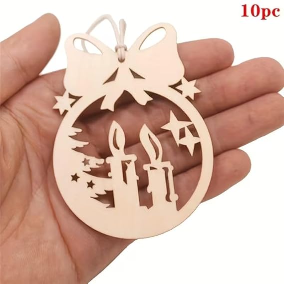10 Pcs Unfinished Christmas Candle Ornaments for DIY Craft Painting, Hollow Bow Knot Hanging Decorations for Christmas Tree, Wooden Cutouts for Decorations - 8x6 cm