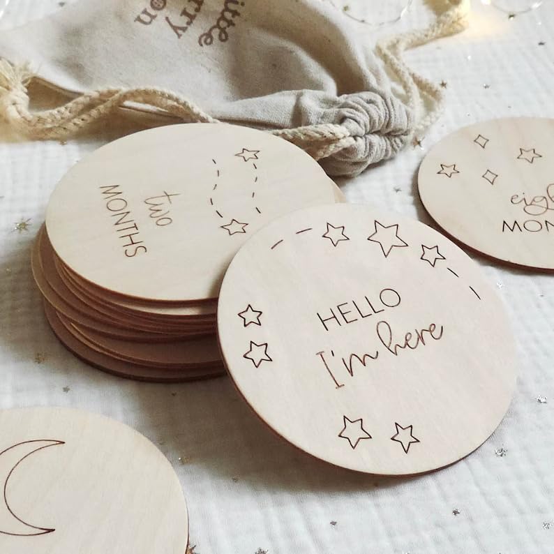 Haoser Baby Milestone Discs | Wooden Milestone Discs, Moon milestones, New Baby Announcement, Baby Shower Gift, Baby Monthly milestones