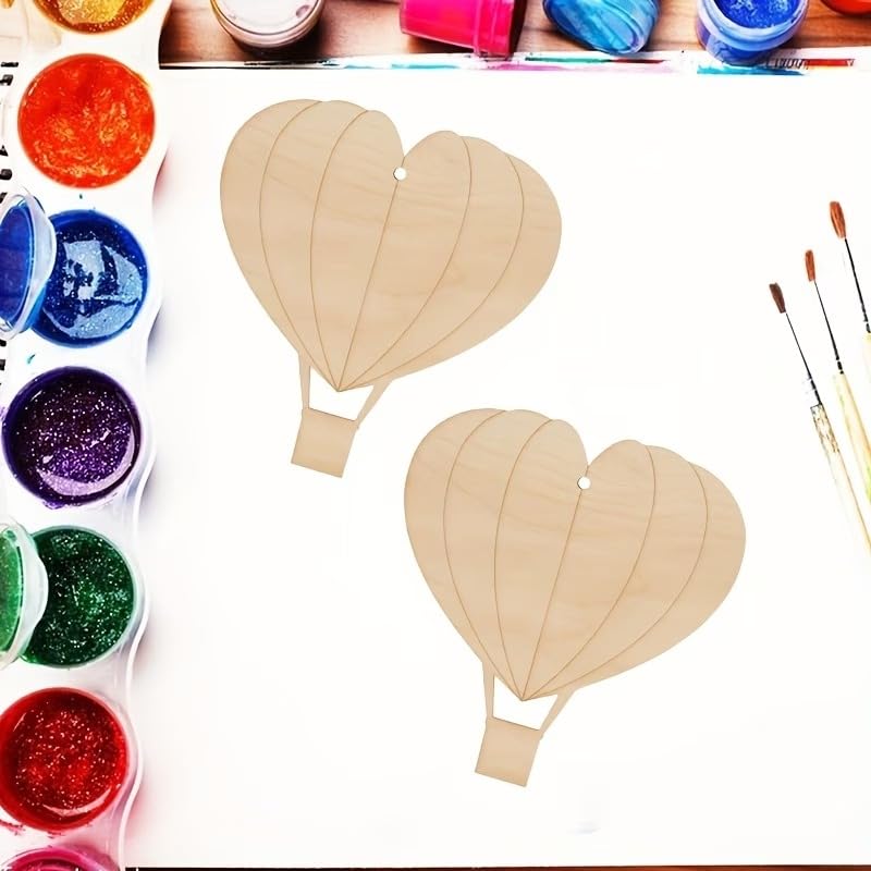 10 Pcs Wooden Heart Hot Air Balloon Hanging Cutouts | Pine MDF Craft Shapes