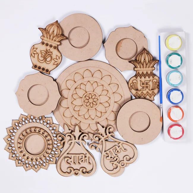 10 Pcs Wooden DIY Diwali Decoration Kit – 6 Inch Rangoli, 4 Inch Subh Labh, Kalash, Candle Holder