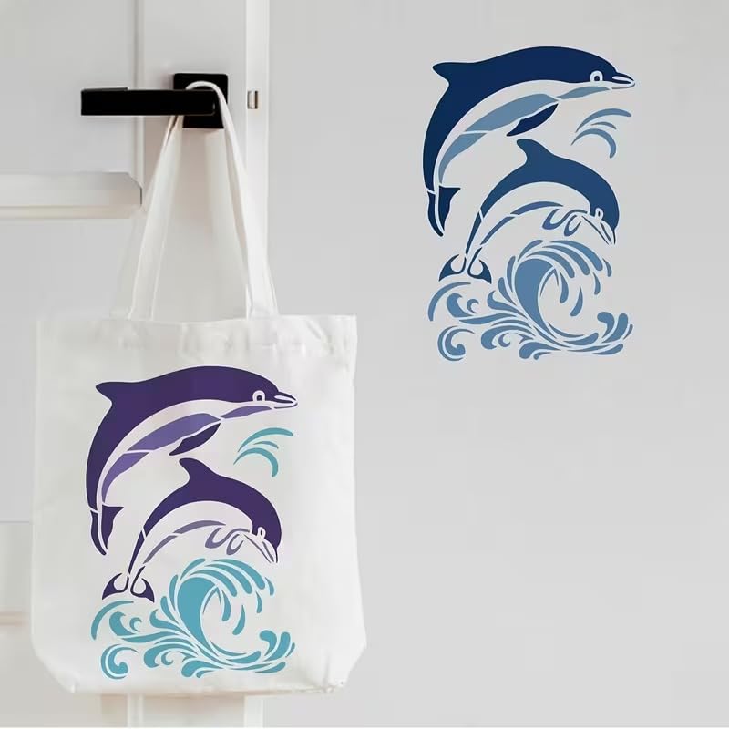 Dolphin Stencil Template | Ocean Theme Swimming Dolphin & Wave Design | DIY Craft Stencil for Wall, Floor, Tile, Fabric & Paper Painting - 29.72 x 21.08 cm