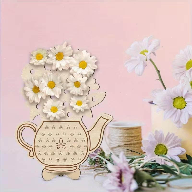 2D Flat Wooden Flower Stand with Teapot Design | DIY Craft Board & Floral Display Base | Decorative Wooden Plaque