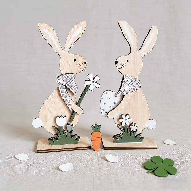 2 Pcs Easter Wooden Rabbit Plaque Decoration – Bunny & Egg Spring Table Decor